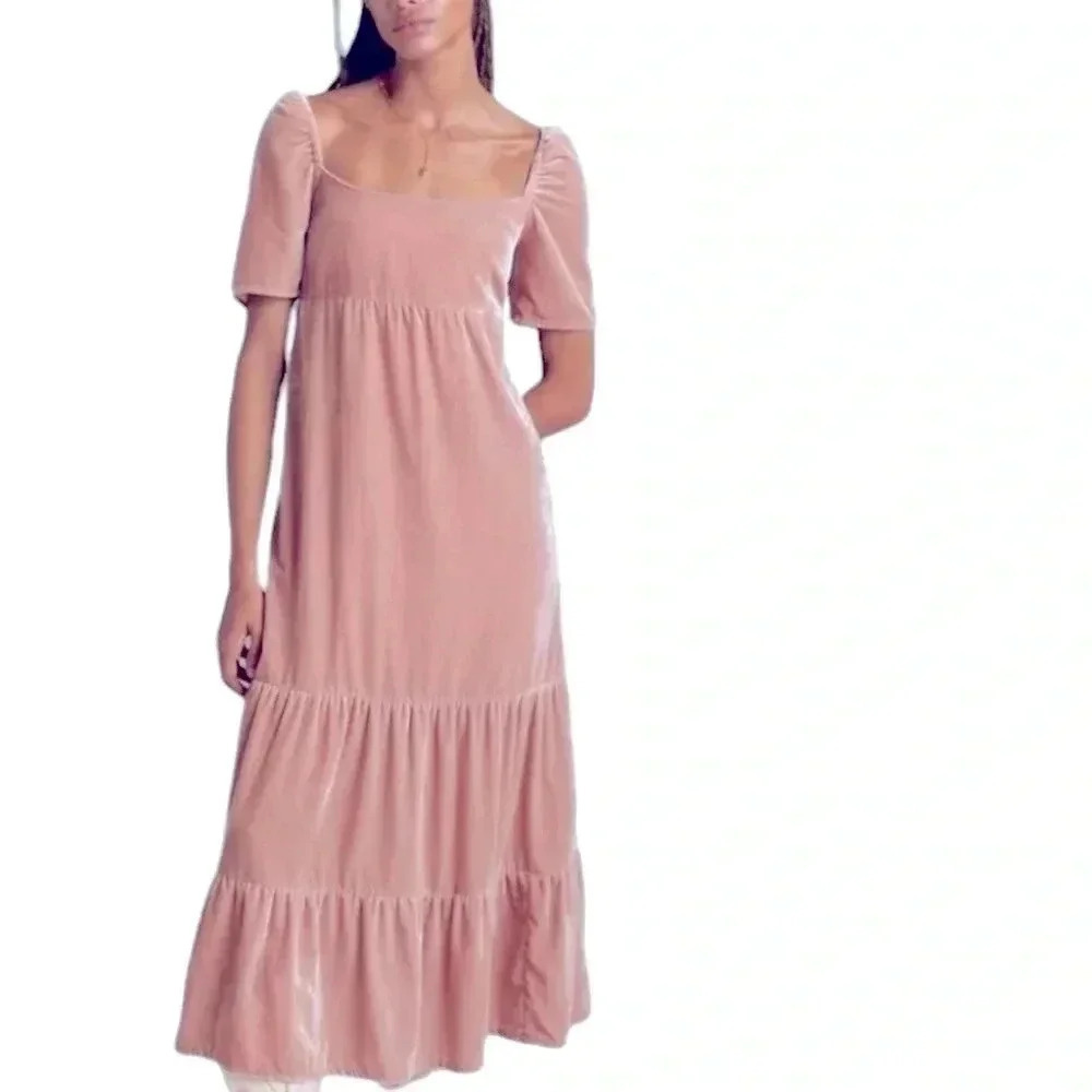 NWT Anthropologie Rose Pink Velvet Empire Waist Tiered Midi Dress Size 4P